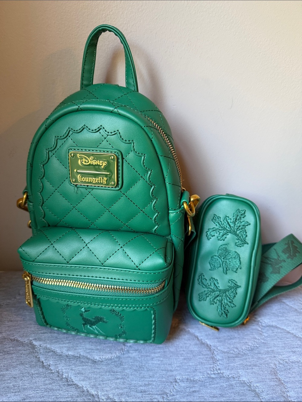 Loungefly Disney Bambi Quilted Emerald Green Mini Backpack with Gold Hardware